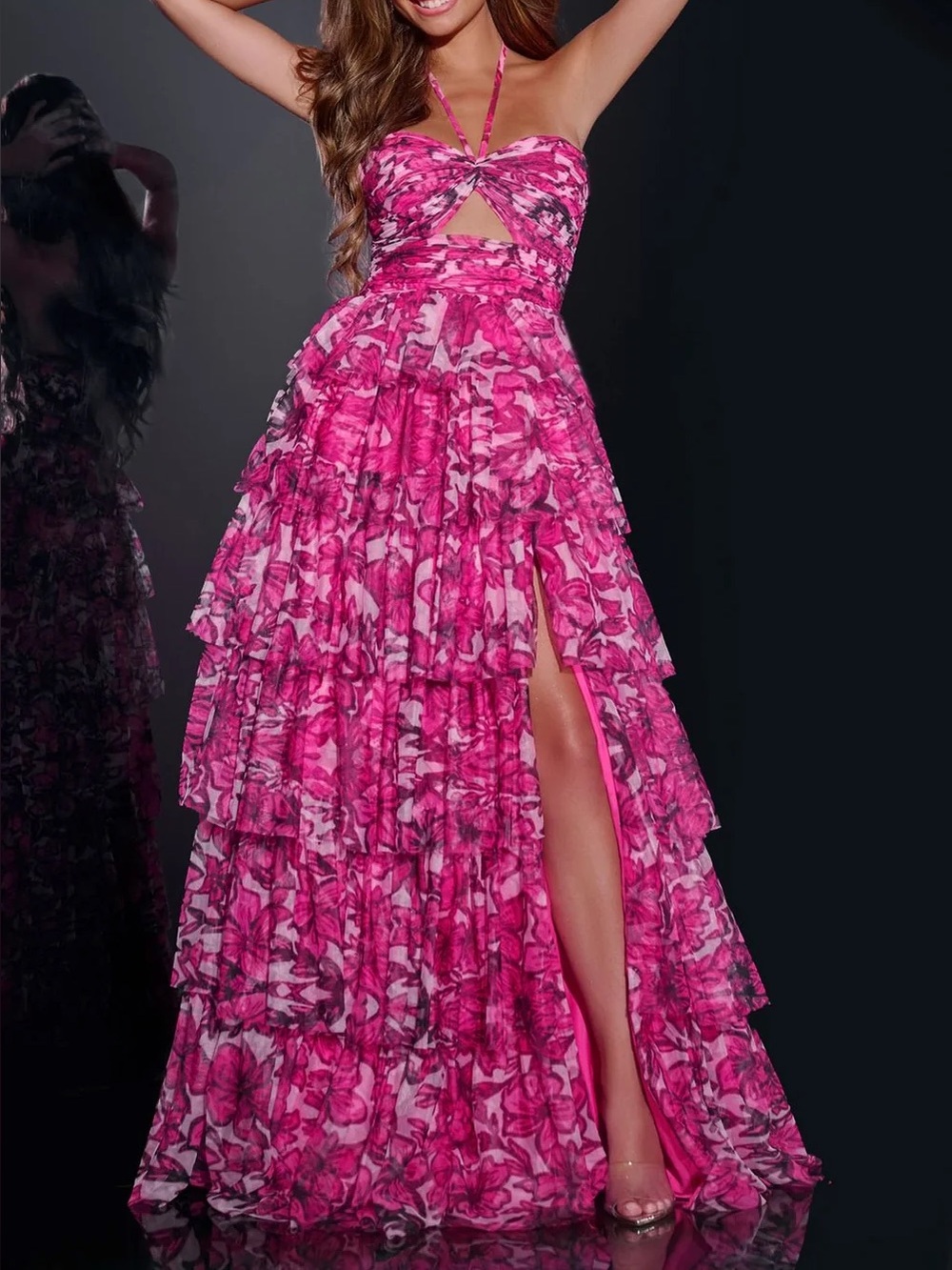 Jovani Hot Pink Floral Halter Ruffled Gown 40423A ($1,000)